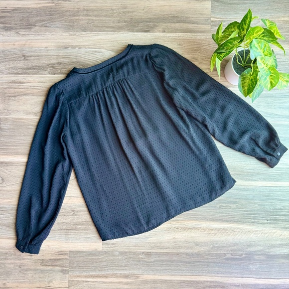 LOFT Petites Swiss Dot Velvet Trim Black Long Sleeve Blouse Size SP - Picture 10 of 11